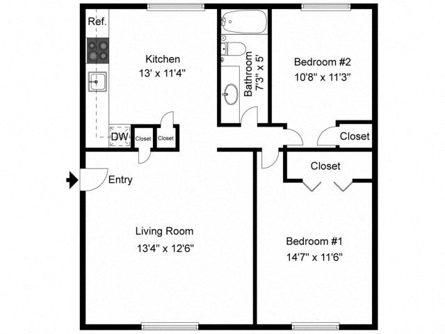 Floor plan for 2 beds, 1 bath, 850 sqft